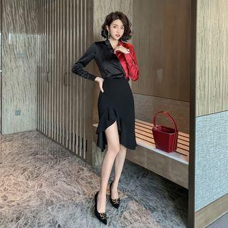 Set: Color Block Shirt + Ruffle Hem Pencil Skirt