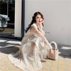 Side Slit Knit Vest / Dotted Mesh Long-sleeve A-line Dress