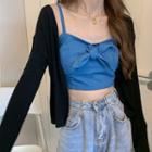 Plain Single-breasted Cardigan / Sleeveless Cropped Top