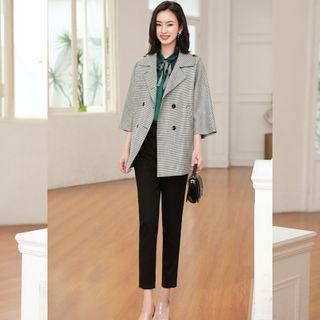 3/4-sleeve Plaid Double-breasted Blazer / Long-sleeve Ruffled Blouse / Dress Pants
