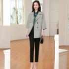 3/4-sleeve Plaid Double-breasted Blazer / Long-sleeve Ruffled Blouse / Dress Pants