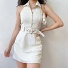 Vintage Collared Open-back Sleeveless Dress