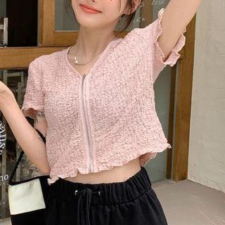 Short-sleeve Lettuce Edge Zip Crop Top