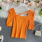 Square-neck Strap-detail Short-sleeve Blouse