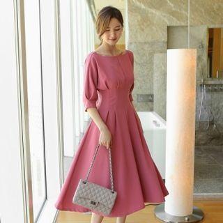 Elbow-sleeve Pintuck-waist Dress