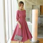 Elbow-sleeve Pintuck-waist Dress