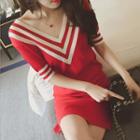 Chevron V-neck Short-sleeve Knit Dress