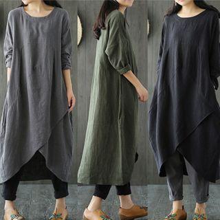 Long-sleeve Irregular Hem A-line Midi Dress