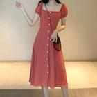 Puff-sleeve Square-neck Button Midi A-line Dress