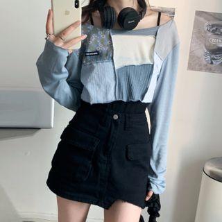 Long-sleeve Paneled T-shirt / Mini A-line Denim Skirt