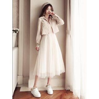 Set: Corduroy Button Jacket + Spaghetti Strap Midi Mesh Dress