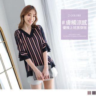 3/4-sleeve Striped Panel V-neck Top