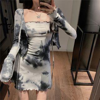 Tie-dye Print Spaghetti Strap Mini Bodycon Dress / Cardigan