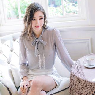 Tie Neck Lace Trim Sheer Blouse