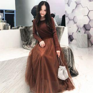 Mock Two-piece Long-sleeve Knit Panel Maxi Mesh Dress