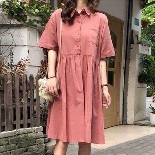 Elbow-sleeve Placket Shirt Dress