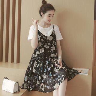Set: Short-sleeve T-shirt + Printed Spaghetti Strap Dress