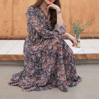 Tie-neck Frilled-trim Long Floral Dress