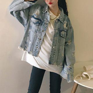 Hoop-accent Ripped Denim Jacket