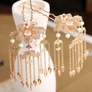 Retro Pearl Alloy Leaf Hair Stick 1 Pc - Gold - One Size