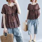 Dotted Short-sleeve Blouse Coffee - One Size