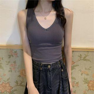 Padded V-neck Plain Ribbed Tank Top