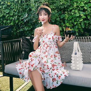 Spaghetti Strap Cold Shoulder Ruffled Cherry Print A-line Chiffon Dress