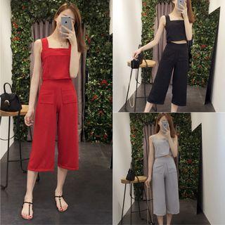 Set: Plain Camisole Top + Pocketed Wide-leg Pants