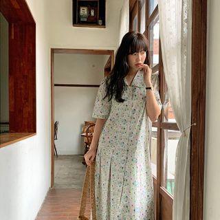 Pleated Floral Long Shirtdress Pink - One Size