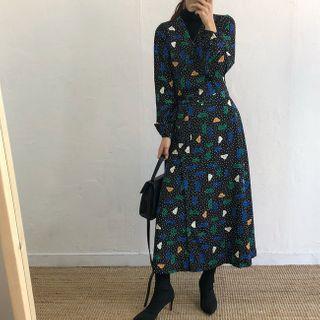 Dotted Tie-waist Midi A-line Dress Black - One Size