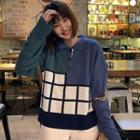 Long-sleeve Color Block Knit Polo Shirt Green & Blue - One Size