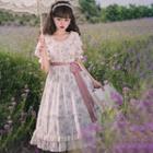 Set: Short-sleeve Print Midi A-line Dress + Belt