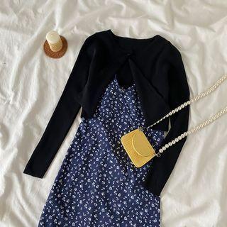 Plain Cardigan /spaghetti Strap Floral Print Dress / Set