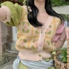 Puff-sleeve Floral Cardigan Pink & Green & Almond - One Size