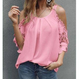 Elbow-sleeve Cold Shoulder Lace Panel Blouse