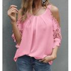Elbow-sleeve Cold Shoulder Lace Panel Blouse