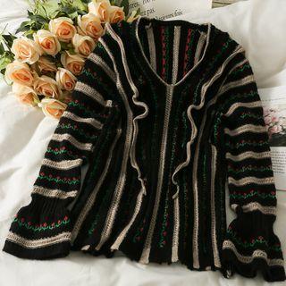 Printed Ruffle-trim V-neck Loose Knit Top Black - One Size