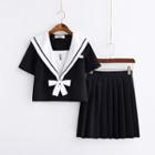 Sailor Collar Shirt / Pleated Mini Skirt / Cardigan / Set