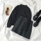 Mock Neck Pullover / Mini A-line Plaid Skirt