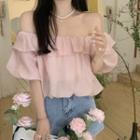 Elbow-sleeve Off-shoulder Ruffled Blouse Pink - One Size