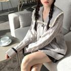 Color-block Lace Ribbed Button-up Cardigan Gray - One Size