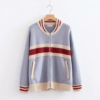 Colored Panel Knit Zip Jacket Blue - One Size