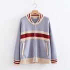 Colored Panel Knit Zip Jacket Blue - One Size