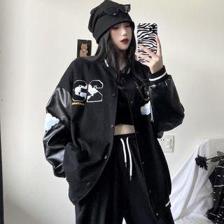 Faux Leather Panel Embroidered Bomber Jacket