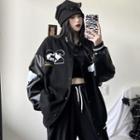 Faux Leather Panel Embroidered Bomber Jacket