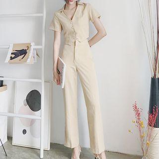 Set: Short-sleeve Cropped Shirt + Straight Cut Pants