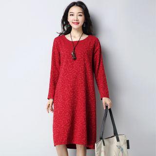 Jacquard Long-sleeve Midi Shift Dress