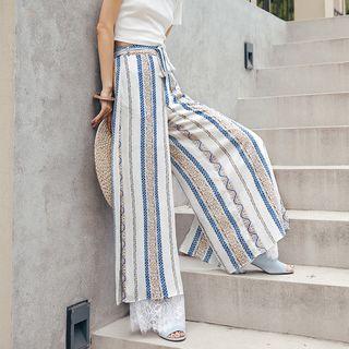 Ethnic Striped Lace Panel Wide-leg Pants