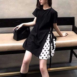 Short-sleeve Dotted Panel Shift Dress