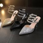 Rhinestone Faux Leather Pointed Wrap Around High-heel Pumps